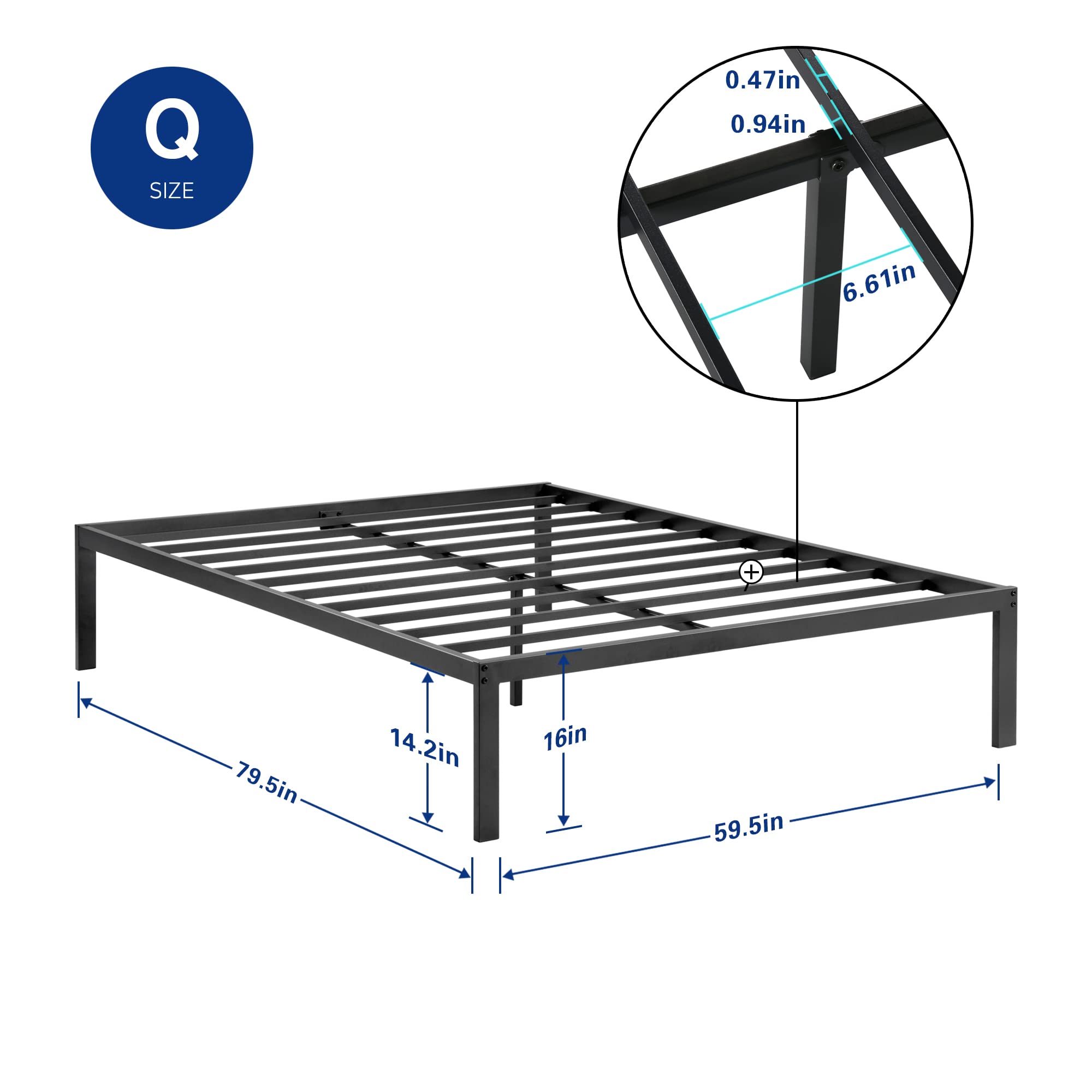 Olee Sleep 16 Inch Dura Metal Steel Slate Bed Frame, Twin XL, Black