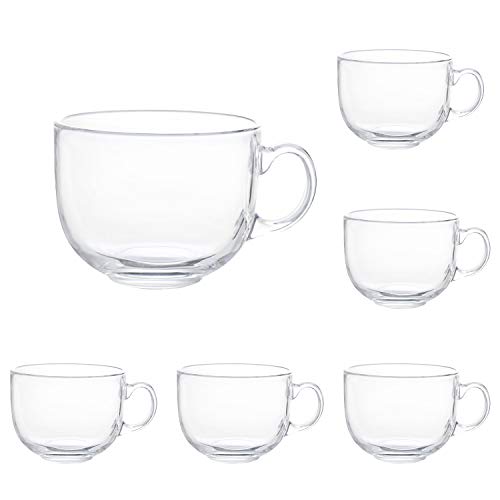 Maredash 16oz Glass Jumbo Mugs With Handle For Coffee, Tea, Soup,Clear Drinking Cup,Set of 6