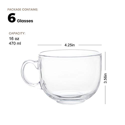 Maredash 16oz Glass Jumbo Mugs With Handle For Coffee, Tea, Soup,Clear Drinking Cup,Set of 6