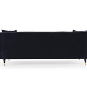 Iconic Home Julia Sofa Velvet Upholstered Channel-Quilted Button Tufted Cushion Shelter Arm Design Espresso Finish Gold Tip Wood Legs Modern Contemporary, Black