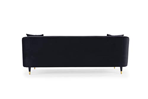 Iconic Home Julia Sofa Velvet Upholstered Channel-Quilted Button Tufted Cushion Shelter Arm Design Espresso Finish Gold Tip Wood Legs Modern Contemporary, Black