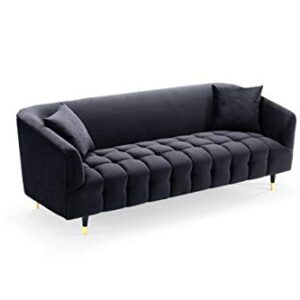 Iconic Home Julia Sofa Velvet Upholstered Channel-Quilted Button Tufted Cushion Shelter Arm Design Espresso Finish Gold Tip Wood Legs Modern Contemporary, Black