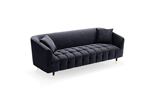 Iconic Home Julia Sofa Velvet Upholstered Channel-Quilted Button Tufted Cushion Shelter Arm Design Espresso Finish Gold Tip Wood Legs Modern Contemporary, Black