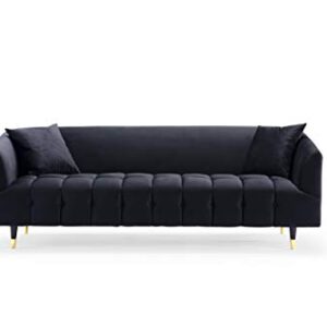 Iconic Home Julia Sofa Velvet Upholstered Channel-Quilted Button Tufted Cushion Shelter Arm Design Espresso Finish Gold Tip Wood Legs Modern Contemporary, Black