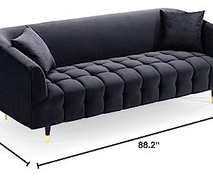 Iconic Home Julia Sofa Velvet Upholstered Channel-Quilted Button Tufted Cushion Shelter Arm Design Espresso Finish Gold Tip Wood Legs Modern Contemporary, Black