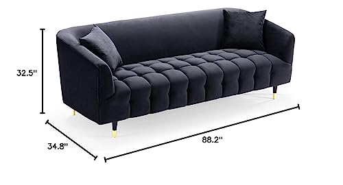 Iconic Home Julia Sofa Velvet Upholstered Channel-Quilted Button Tufted Cushion Shelter Arm Design Espresso Finish Gold Tip Wood Legs Modern Contemporary, Black