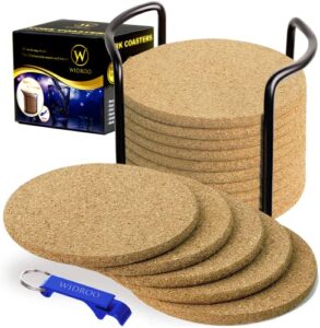 widroo 16 pack absorbent cork coasters round edge with holder – premium coaster set 4 inches – perfect to protect your furniture, heat resistant – best for cold drinks, wine glasses, cups & mugs
