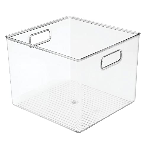 mDesign Plastic Modern Storage Organizer Bin Basket with Handles for Kitchen Organization - Shelf, Cubby, Cabinet, and Closet Organizing Decor - Ligne Collection - Clear