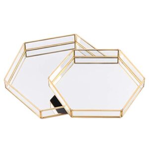 koyal wholesale gold glass mirror hexagonal trays vanity set of 2, decorative mirrored hexagon trays for coffee table