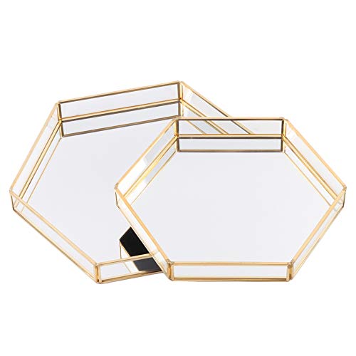 Koyal Wholesale Gold Glass Mirror Hexagonal Trays Vanity Set of 2, Decorative Mirrored Hexagon Trays for Coffee Table