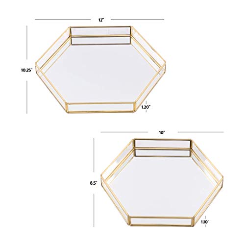 Koyal Wholesale Gold Glass Mirror Hexagonal Trays Vanity Set of 2, Decorative Mirrored Hexagon Trays for Coffee Table