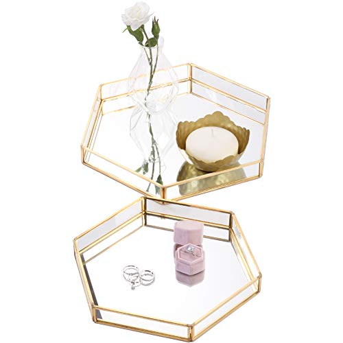 Koyal Wholesale Gold Glass Mirror Hexagonal Trays Vanity Set of 2, Decorative Mirrored Hexagon Trays for Coffee Table