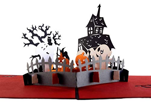 iGifts And Cards Trick or Treat Halloween 3D Pop Up Greeting Card - Cute Jack-O-Lantern, Pumpkin, Happy Birthday Gift, Haunted Mansion Hitchhiking Ghosts, Spooky Witch, Scary Owl, Chilling Cementery