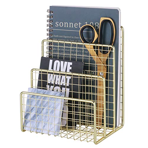 Geiornzer 3 Slots Letter Holder, Metal Multifunctional File Holder for Mails, Books, Brochures and Postcards, Desktop Office Organizer Decoration, 5.6” x 3.7” x 7.0” , Gold