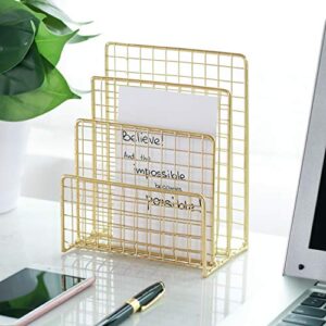 Geiornzer 3 Slots Letter Holder, Metal Multifunctional File Holder for Mails, Books, Brochures and Postcards, Desktop Office Organizer Decoration, 5.6” x 3.7” x 7.0” , Gold