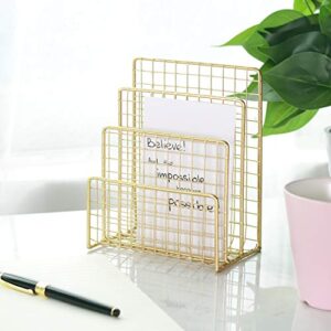 Geiornzer 3 Slots Letter Holder, Metal Multifunctional File Holder for Mails, Books, Brochures and Postcards, Desktop Office Organizer Decoration, 5.6” x 3.7” x 7.0” , Gold