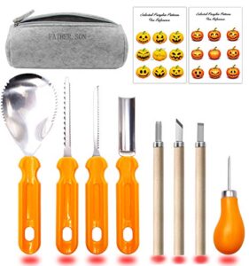father.son 8pcs halloween pumpkin carving tools kit & 2 led candles light & 100 stencils ebook & instructions packing with stylish pen bags, jack-o-lanterns professional diy stainless steel set