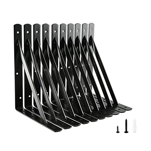 HOME MASTER HARDWARE Heavy Duty Shelf Brackets 12 inch x 8 inch Metal Shelves Supports 90 Degree Triangle Wall Mount Angle L Bracket for Floating Shelving with Screws Black 10-Pack