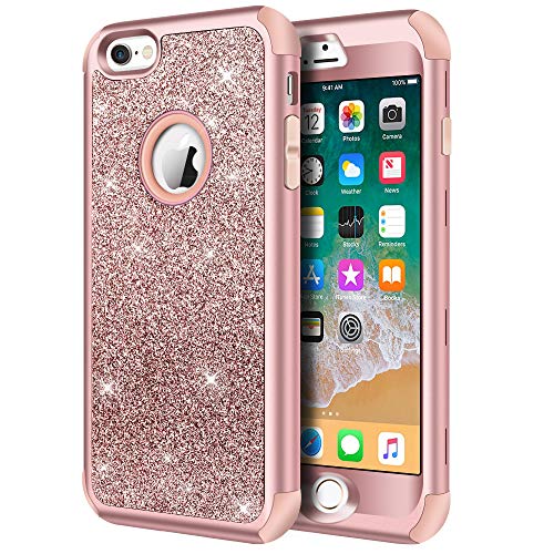 Hython Compatible with iPhone 6/6s Case, Heavy Duty Full-Body Defender Protective Case Bling Glitter Sparkle Hard Shell Hybrid Shockproof Rubber Bumper Cover for iPhone 6 and 6s 4.7-Inch, Rose Gold