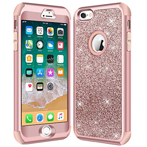 Hython Compatible with iPhone 6/6s Case, Heavy Duty Full-Body Defender Protective Case Bling Glitter Sparkle Hard Shell Hybrid Shockproof Rubber Bumper Cover for iPhone 6 and 6s 4.7-Inch, Rose Gold