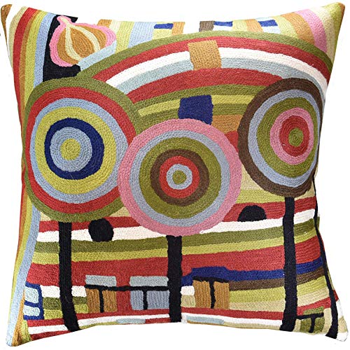 Kashmir Designs Hundertwasser Modern Pillow Cover | Beloved Gardens | Modern Outdoor Pillows | Abstract Couch Cushion| Modern Farmhouse Pillows | Mid Century Chair Cushions | Handmade Wool Size 18x18