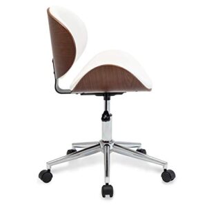 BELLEZE Mid-Century Modern Desk Chair, Contemporary Office Bentwood Style Wingback Seating, Minimalist Adjustable Vintage Replica with Swivel, Faux Leather and Walnut - Avalon (White)