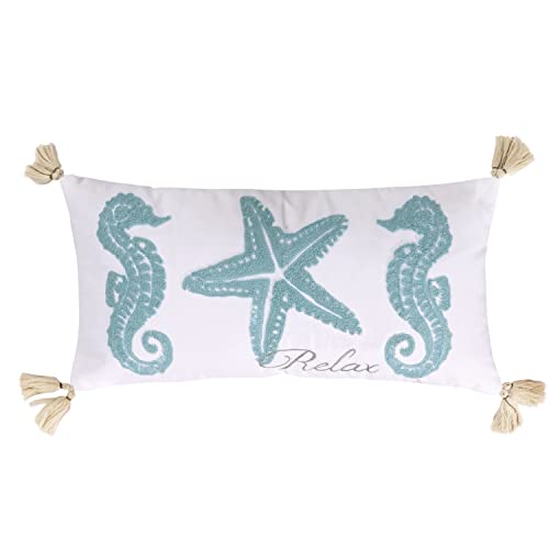 Levtex Home Caleta Crewel Starfish Relax Tassel Pillow, Beach, 100% Cotton, White, Navi, Natural