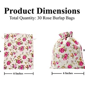 Mandala Crafts Rose Burlap Drawstring Bags - Floral Gift Bags – Flower Linen Burlap Bags with Drawstring Small Pouches for Wedding Party Favor Jewelry 30 Bags 6X8 Inches