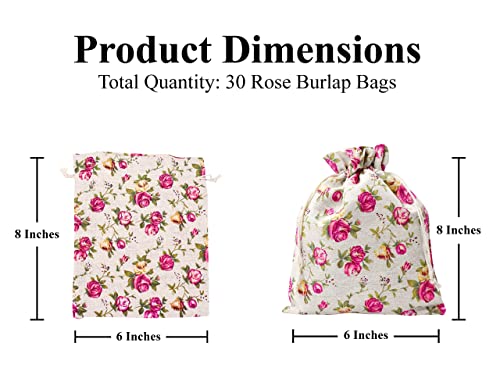 Mandala Crafts Rose Burlap Drawstring Bags - Floral Gift Bags – Flower Linen Burlap Bags with Drawstring Small Pouches for Wedding Party Favor Jewelry 30 Bags 6X8 Inches