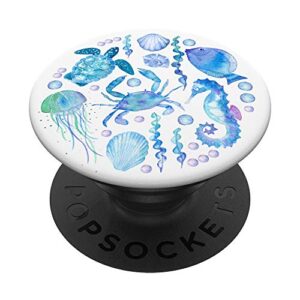 cute sea ocean life turtle crab seahorse fish watercolor popsockets popgrip: swappable grip for phones & tablets