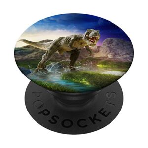 scary cute t-rex roar dinosaur with cloudy blue sky scene popsockets popgrip: swappable grip for phones & tablets