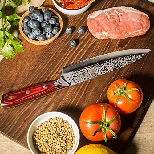 Hammered Damascus Chef Knife, 8" Pakka Wood Handle 67-layer Full Tang Damascus Kitchen Knife with Professional Japanese VG10 Super Steel Core