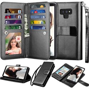 njjex for galaxy note 9 wallet case, for note 9 case, luxury pu leather [9 card slots] id credit folio flip cover [detachable][kickstand] magnetic phone case & wrist strap for samsung note 9 [black]