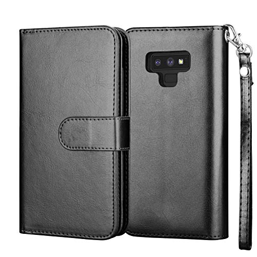 NJJEX for Galaxy Note 9 Wallet Case, for Note 9 Case, Luxury PU Leather [9 Card Slots] ID Credit Folio Flip Cover [Detachable][Kickstand] Magnetic Phone Case & Wrist Strap for Samsung Note 9 [Black]