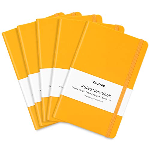 5 Pack Journal Notebooks, Taotree Yellow Classic Ruled Writing Notebook, Hard Cover PU Leather, 120gsm Premium Thick Paper, Inner Pocket, 128 Pages, 5"×8.3" for Office Business Supplies