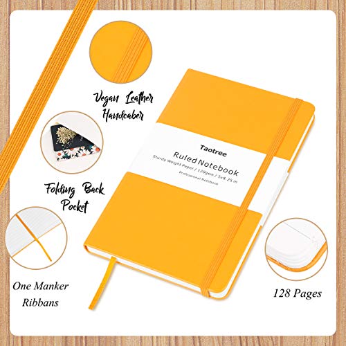 5 Pack Journal Notebooks, Taotree Yellow Classic Ruled Writing Notebook, Hard Cover PU Leather, 120gsm Premium Thick Paper, Inner Pocket, 128 Pages, 5"×8.3" for Office Business Supplies