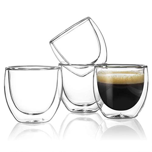 Sweese 4 Ounce Espresso Cups Set of 4, Double-Wall Insulated Glasses Cups Set- Handmade Glass- 408.101