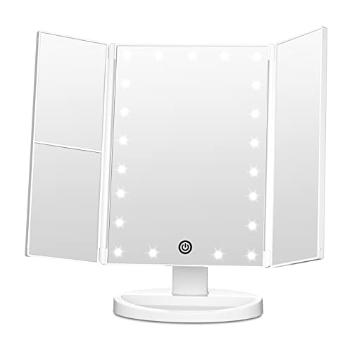 FASCINATE Trifold Vanity Mirror with Lights, Lighted Makeup Mirror 2X/3X Magnification, 21 LED Touch Dimming, Dual Power 90° Rotation Lit Beauty Table Mirror, Make up Mirror with Lighting (White)