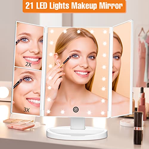 FASCINATE Trifold Vanity Mirror with Lights, Lighted Makeup Mirror 2X/3X Magnification, 21 LED Touch Dimming, Dual Power 90° Rotation Lit Beauty Table Mirror, Make up Mirror with Lighting (White)