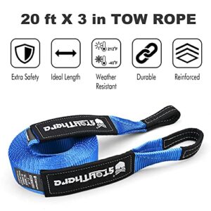 Stay There 3'' × 20ft Tow Recovery Strap, Heavy Duty with 30,000 lb Capacity-Emergency Towing Rope for Recovery Vechiles-Storage Bag (Blue)
