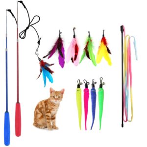 m jjypet retractable cat toys wand,12 packs interactive cat feather toys,9 assorted teaser refills with bell for cat,kitten