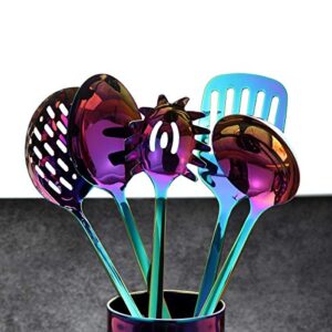 HOMQUEN Stainless Steel Kitchen Utensil Set - 5 Cooking Utensils, Rainbow Color Nonstick Kitchen Utensils Set, Colorful Titanium Plated Set Kitchen Tools Gadgets