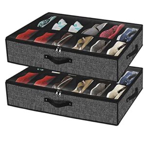 under bed shoe storage organizer for closet fits 24 pairs-sturdy underbed shoe containers box bedding storage organizador de zapatos with clear cover,set of 2, 29.3 x 23.6 x 5.9inch(linen-like black)