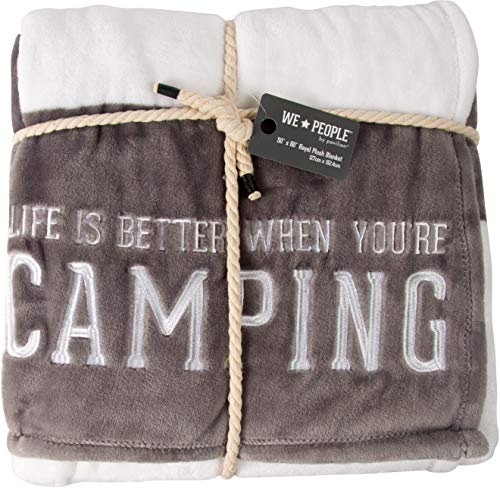 Pavilion Gift Company Life is Better When You're Camping-Gray & White Super Soft 50 x 60 Inch Striped Throw Embroidered Text 50" x 60" Royal Plush Blanket, Grey