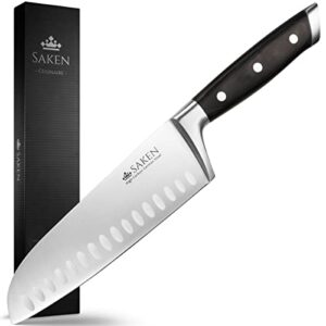 saken santoku knife - 7-inch japanese chef knife with high-carbon german steel blade, granton edge, and ergonomic handle - multipurpose kitchen knife for mincing, slicing, and dicing