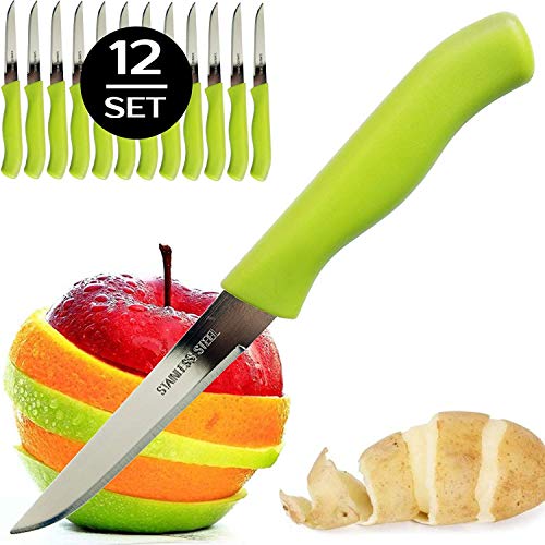 Brenium Paring and Garnishing Knife, 12-Piece Set, Knives with Straight Edge 3 Inch Blade, Stainless Steel, Spear Point, Fruit and Vegetable Cutting and Peeling, Green