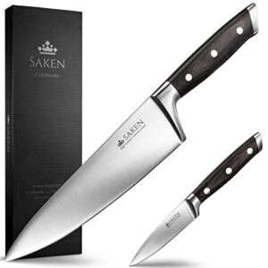 saken chef knife and paring knife set - 2-piece professional kitchen knife set with ultra-sharp, high-carbon german steel blade and ergonomic wooden handles - 8" chef knife, 3.5" paring knife