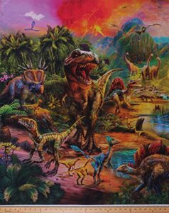 34.5" x 44" panel dinosaurs t-rex pterodactyls jurassic prehistoric animals reptiles volcanoes kids picture this digital print cotton fabric panel (aykd-18263-286-wild)