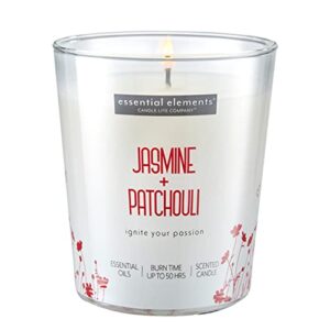 essential elements by candle-lite scented candles, jasmine & patchouli fragrance, one 9 oz. single-wick aromatherapy candle with 50 hours of burn time, off-white color