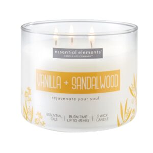 essential elements by candle-lite scented candles, vanilla & sandalwood fragrance, one 14.75 oz. three-wick aromatherapy candle with 45 hours of burn time, off-white color